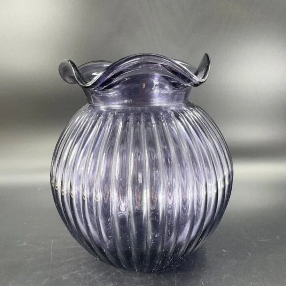 Hand Blown Art Glass‎ Purple Amethyst Vase Round Bottom Wavy Edge On Top Vintage